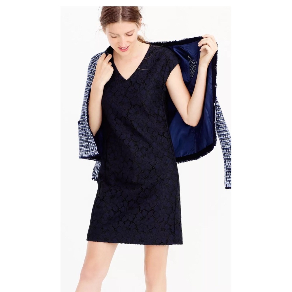 J Crew Navy Black Lace Shift Dress XXS 00 Career Sheath V-Neck Short Sleeve